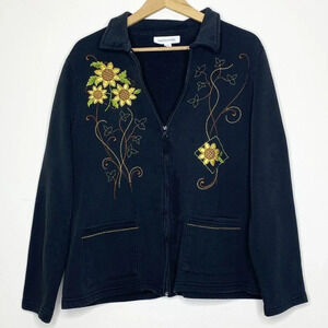 Vintage Breckenridge XL Black Embroidered Sunflower Zip-Up Jacket Cottagecore